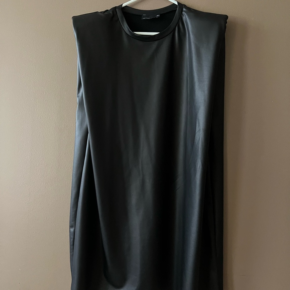 faux leather dress in black, ASOS, sleeveless, padded shoulder, size 8 US, 12 UK